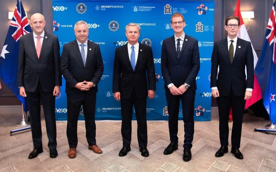 Intelligence chiefs from Five Eyes have been meeting in California. From left to right: Mike Burgess, director-general of the Australian Security Intelligence Organisation; David Vigneault, director of the Canadian Security Intelligence Service; Christopher Wray, director of the FBI; Andrew Hampton, director-general of security and chief executive of the New Zealand Security Intelligence Service; and Mr McCallum