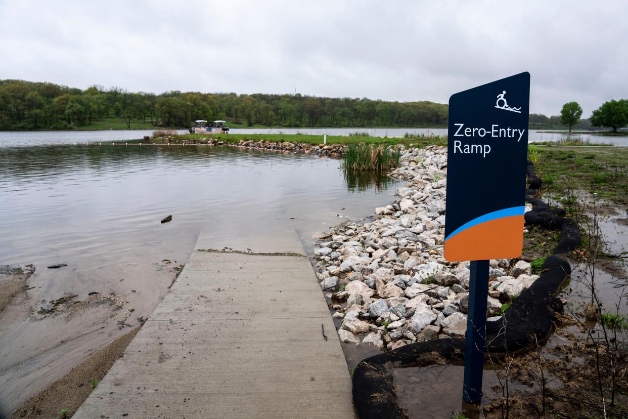 The zero-entry ramp into the lake at North Shore Recreation Arena at Easter Lake Park on Thursday, May 2, 2024, in Des Moines.
