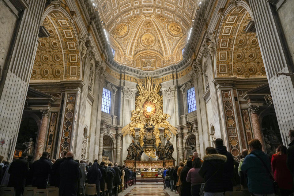 Secretary of former Pope Benedict XVI, Archbishop Georg Gaenswein holds a mass to mark a one year anniversary of the death of Pope Benedict, in St. Peter's Basilica, the Vatican, Sunday, Dec. 31, 2023. Gaenswein has been the former private secretary to Pope Benedict XVI for many years until his death on Dec. 31, 2022. (AP Photo/Andrew Medichini)