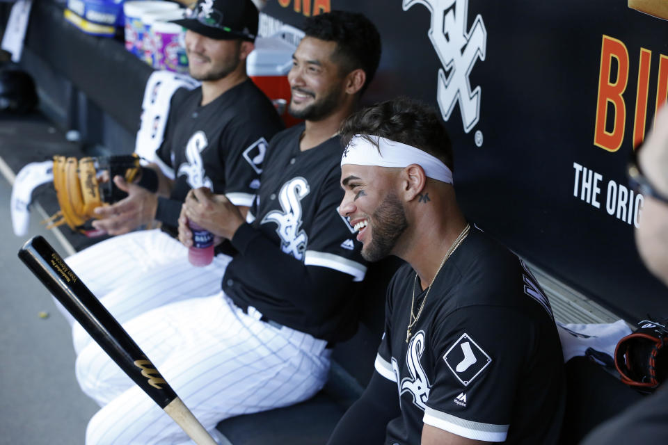 CHICAGO, ILLINOIS - JULY 27: Yolmer Sanchez #5, Jose Rondon #20, and Yoan Moncada #10 of the Chicago White Sox, prior to a game against the Minnesota Twins at Guaranteed Rate Field on July 27, 2019 in Chicago, Illinois. (Photo by Nuccio DiNuzzo/Getty Images)