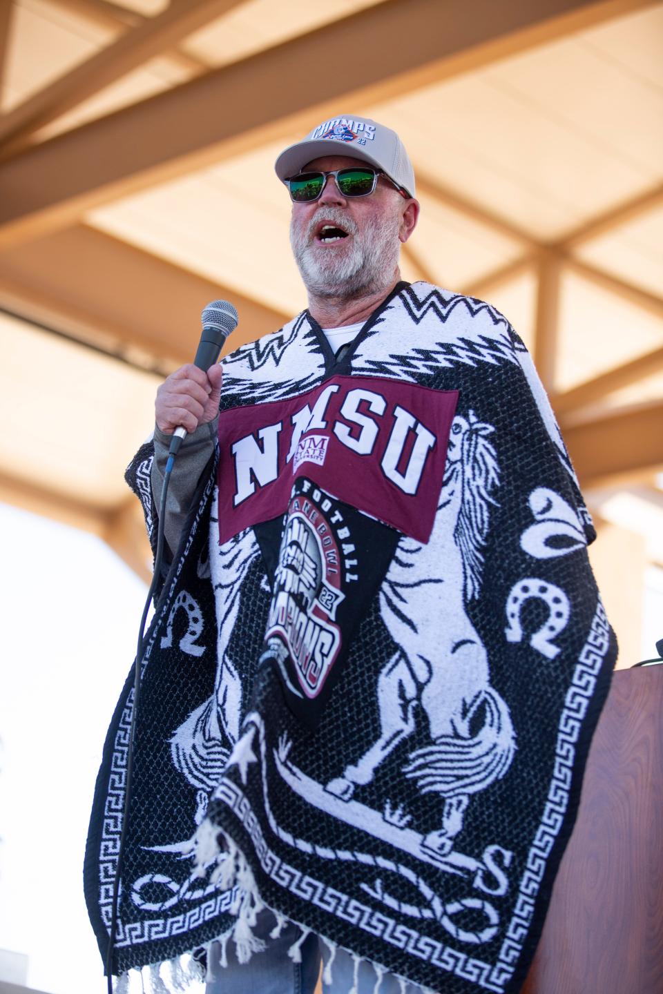 NMSU football head coach Jerry Kill speaks to the crowd during the Quick Lane Bowl Celebration on Saturday, Jan. 21, 2023, at the downtown plaza in Las Cruces. 