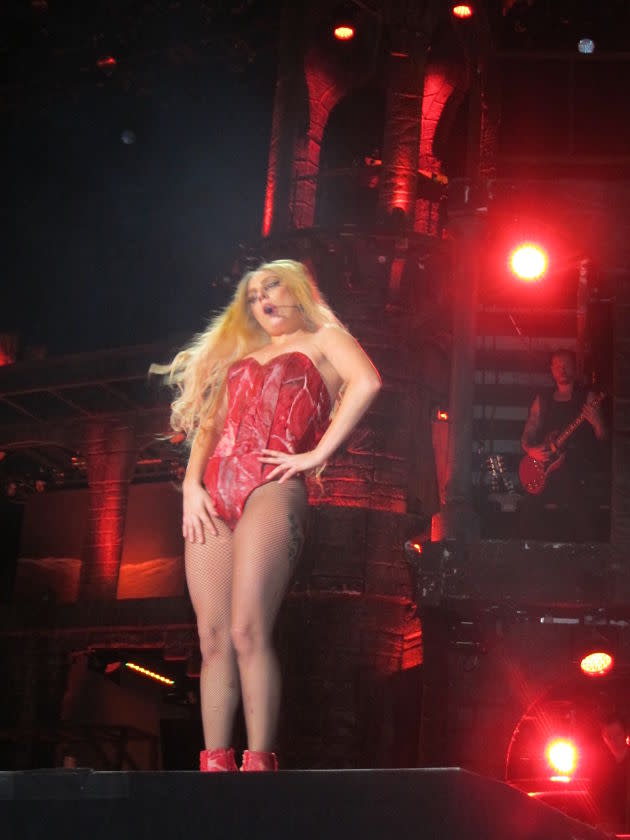 Lady Gaga wore her signature meat dress. (Photo courtesy of Vivian Tsui)