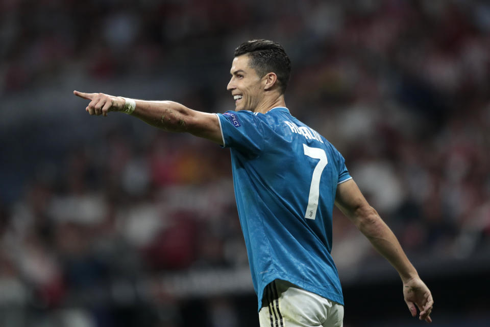 Juventus' Cristiano Ronaldo gestures during the Champions League Group D soccer match between Atletico Madrid and Juventus at the Wanda Metropolitano stadium in Madrid, Spain, Wednesday, Sept. 18, 2019. (AP Photo/Bernat Armangue)