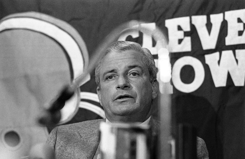 FILE - Cleveland Browns owner Art Modell answers questions during a news conference on the NFL players strike in Cleveland in this Sept. 21, 1982 file photo. The Baltimore Ravens said Modell died early Thursday Sept. 6, 2012 at Johns Hopkins Hospital, where he had been admitted Wednesday. A cause of death was not given. (AP Photo/Mark Duncan, File)