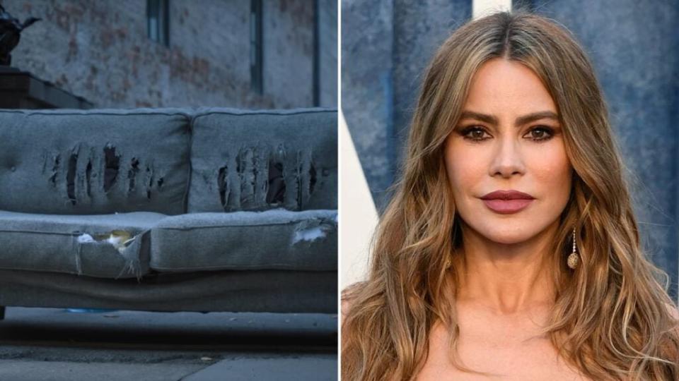 Delilah (Sofia Vergara), a very used couch, in “Strays” (Universal)