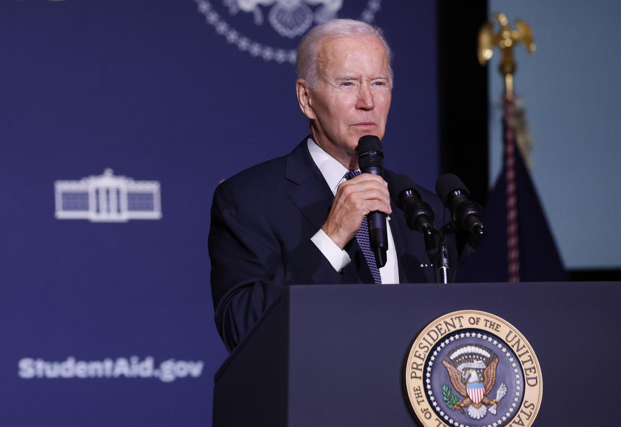 DOVER, DELAWARE - OCTOBER 21: U.S. President Joe Biden gives remarks on student debt relief at Delaware State University on October 21, 2022 in Dover, Delaware. Yesterday a federal judge ruled that six states trying to block President's student loan forgiveness program lacked standing. (Photo by Anna Moneymaker/Getty Images)