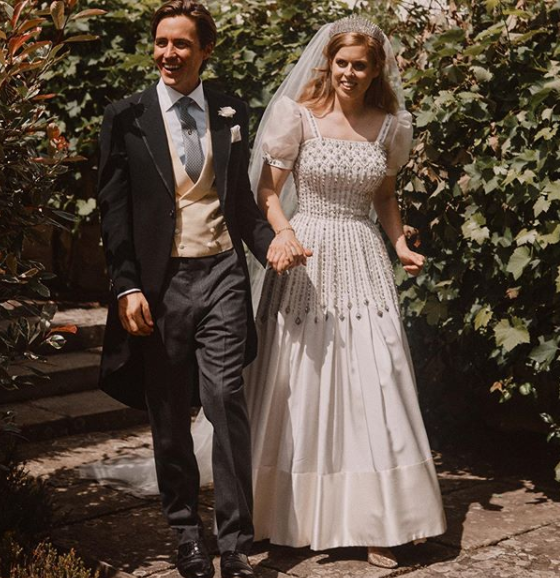 Princess Beatrice wed Edoardo Mapelli Mozzi wearing the Queen's vintage dress and tiara. Photo: Instagram/Benjamin Wheeler.