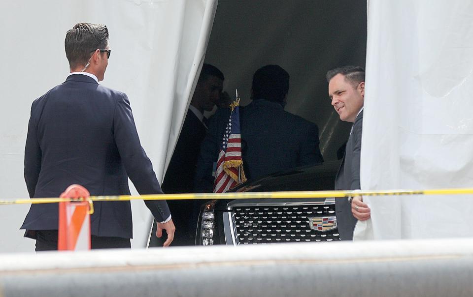 Security works as President Joe Biden arrives at Hotel Monaco in Salt Lake City on Wednesday, Aug. 9, 2023. | Kristin Murphy, Deseret News