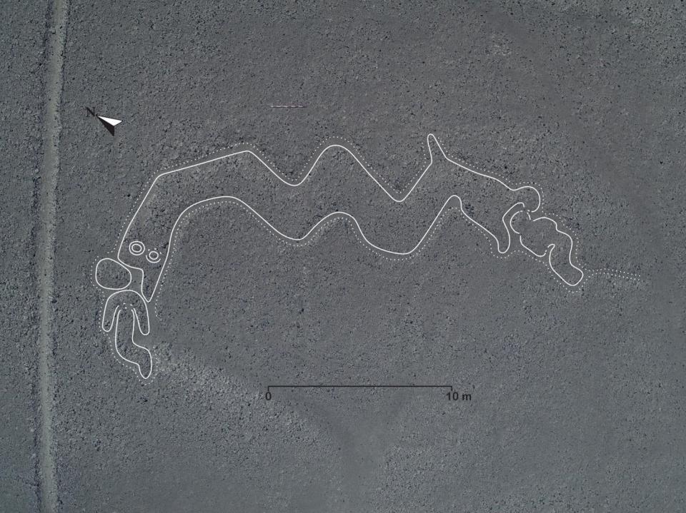 Una serpiente de dos cabezas de aproximadamente 30 metros de largo devorando a dos humanoides. (Cortesía de la Universidad de Yamagata)