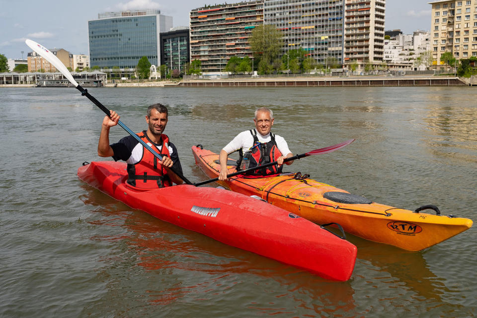 Paul Maakad and Vincent Darnet are members of the Arc de Seine Kayak club. (Joel Lawrence / NBC News)