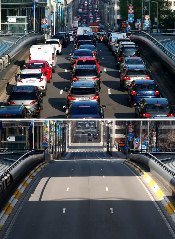 A combination picture shows traffic in Brussels before and after the coronavirus disease (COVID-19) outbreak