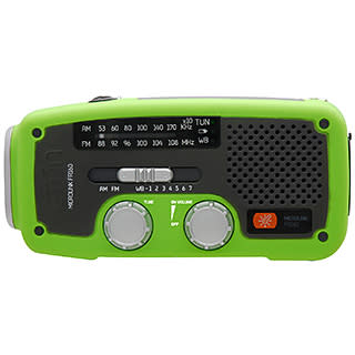 This lightweight, solar-powered, weatherband radio can also be cranked by hand to keep it running, and doubles as a flashlight.