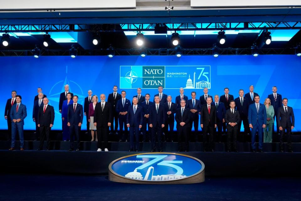 PHOTO: NATO leaders pose for an official photo at the NATO summit in Washington, Wednesday, July 10, 2024.  (Mark Schiefelbein/AP)