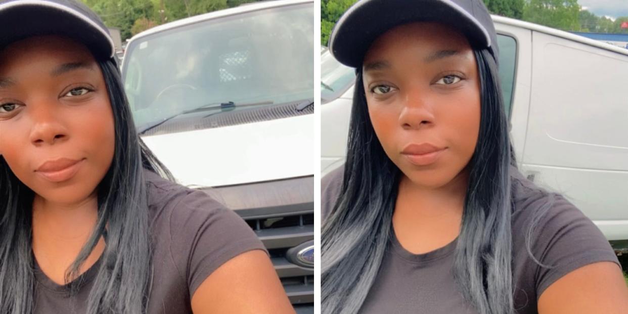 Two selfies of Natasha Scott with her van.