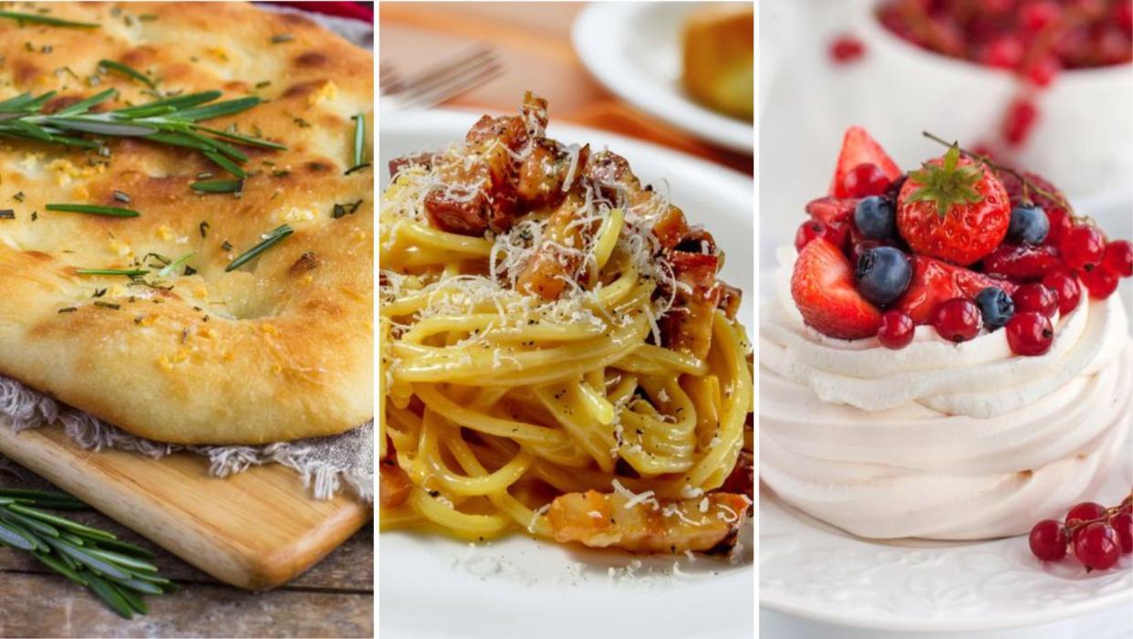 Luxury Dishes Are Actually Really Easy, including focaccia, Pasta Carbonara, Pavlova