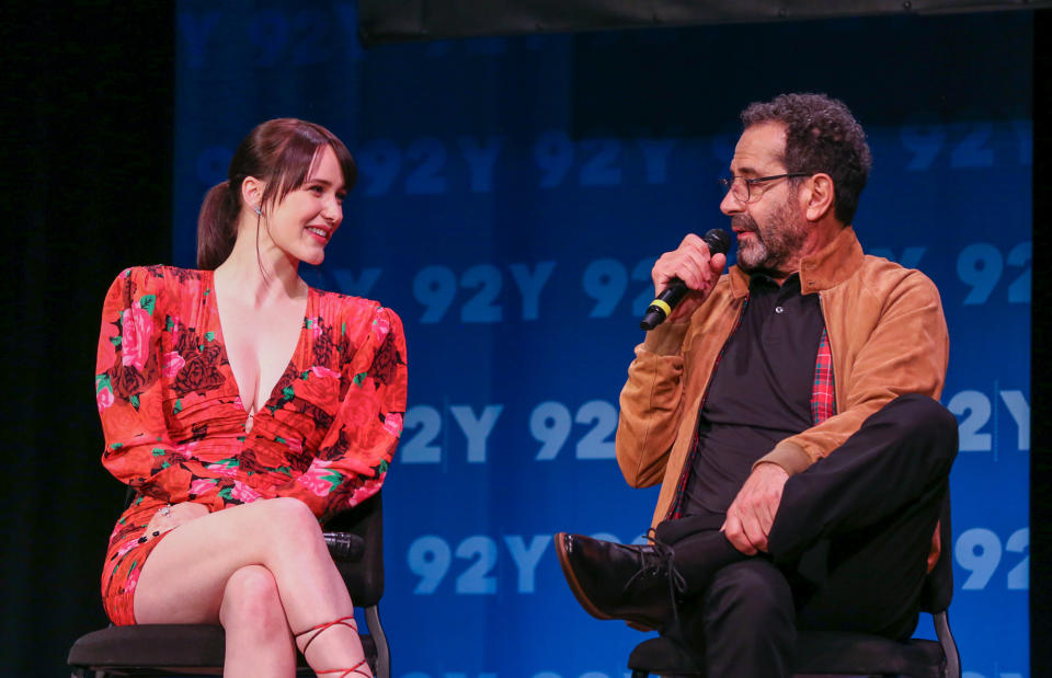 <p><em>The Marvelous Mrs. Maisel</em> costars Rachel Brosnahan and Tony Shalhoub man the mics on Jan. 26 at a 92nd Street Y chat about the upcoming fourth season of their Amazon series in N.Y.C. </p>