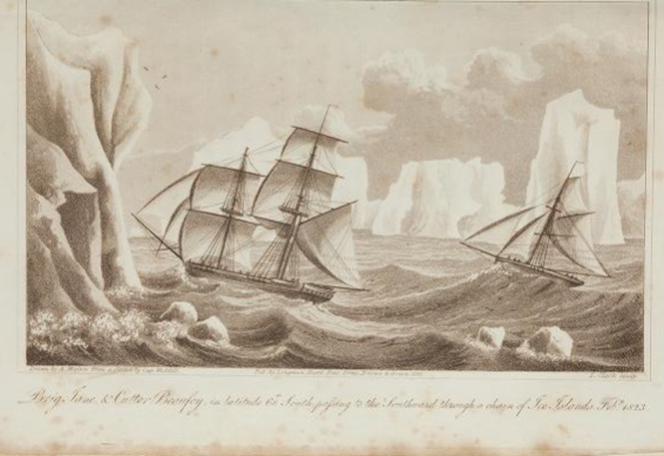 Imagen de un barco en las islas Shetland a principios del siglo XIX perteneciente a <em>A voyage towards the South Pole, performed in the years 1822-24</em>, Weddell, J. <a href="https://www.biodiversitylibrary.org/item/181136#page/33/mode/1up" rel="nofollow noopener" target="_blank" data-ylk="slk:Biodiversity Heritage Library;elm:context_link;itc:0;sec:content-canvas" class="link ">Biodiversity Heritage Library</a>