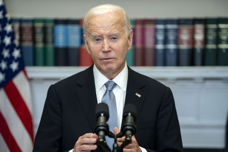 President Joe Biden reacts on Sunday, July 14th, 2924 after former President Donald Trump was shot during at a July 13 election rally in Pennsylvania. Biden withdrew from the presidential race on Sunday. Photo by Bonnie Cash/UPI