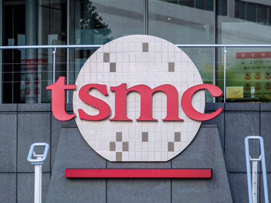 The TSMC (Taiwan Semiconductor Manufacturing Company) logo seen on the Taiwanese semiconductor contract manufacturing and design company building in Hsinchu. (