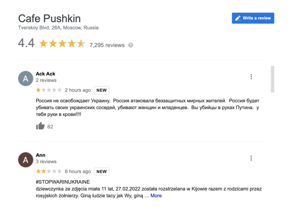 Las reseñas de Google Maps del Cafe Pushkin, en Moscú (Google Maps)