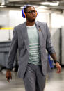 MIAMI, FL - MAY 09: Carmelo Anthony of the New York Knicks enters the arena prior to his team taking on the Miami Heat in Game Five of the Eastern Conference Quarterfinals in the 2012 NBA Playoffs on May 9, 2012 at the American Airines Arena in Miami, Florida. (Photo by Marc Serota/Getty Images)