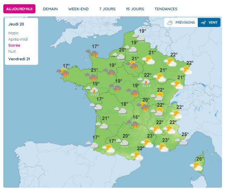 Les prévisions météo pour le jeudi 20 juin.