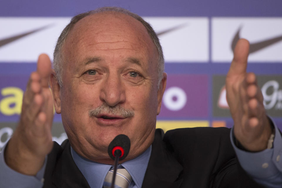 Brazil's soccer coach Luiz Felipe Scolari announces his list of players for the 2014 Soccer World Cup during a news conference in Rio de Janeiro, Brazil, Wednesday, May 7, 2014. The team will mix talented young stars such as Neymar and Oscar with more experienced players such as Dani Alves, David Luiz, Thiago Silva and Hulk.(AP Photo/Felipe Dana)