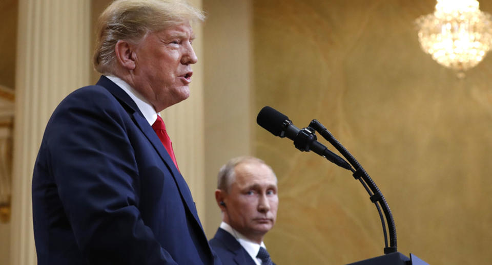 President Donald Trump and Russia’s Vladimir Putin at their summit in Helsinki, Finland. Source: AAP