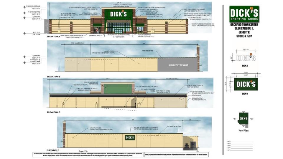 Elevations of the proposed Dick’s Sporting Goods store in Glen Carbon’s Orchard Town Center