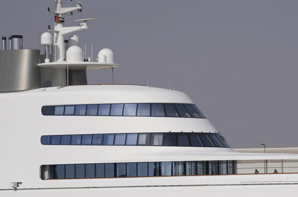 The 118-meter (387-foot) Motor Yacht A belonging to Russian oligarch Andrey Melnichenko is anchored in the port of Ras al-Khaimah, United Arab Emirates, Tuesday, May 31, 2022. In the dusty, northern-most sheikhdom of the United Arab Emirates, Motor Yacht A, one of the world's largest yachts, sits in the quiet port — so far avoiding the fate of other luxury vessels linked to sanctioned Russian oligarchs. (AP Photo/Kamran Jebreili)