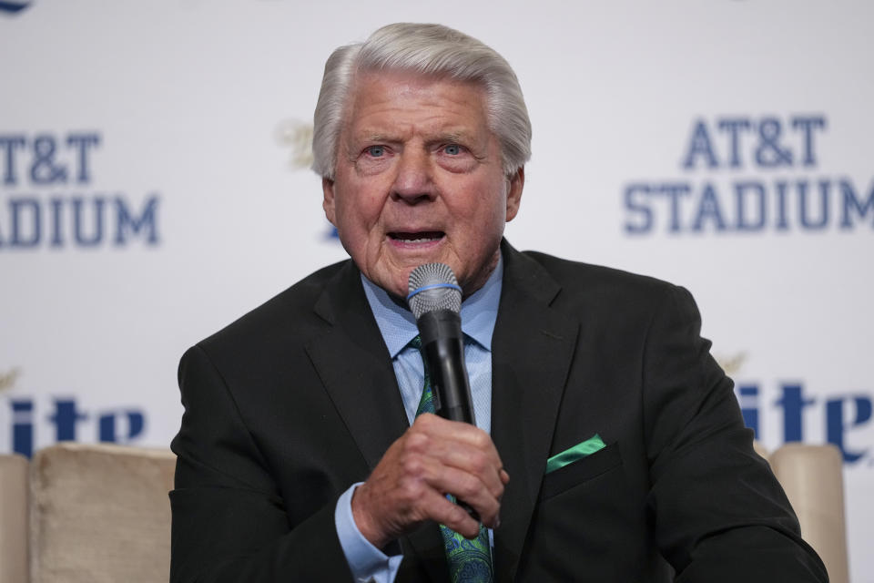 Pro Football Hall of Fame coach Jimmy Johnson speaks during a news conference with Dallas Cowboys owner Jerry Jones prior to an NFL football game between the Cowboys and the Detroit Lions, Saturday, Dec. 30, 2023, in Arlington, Texas. Johnson will be inducted into the team's ring of honor during a halftime ceremony. (AP Photo/Sam Hodde)