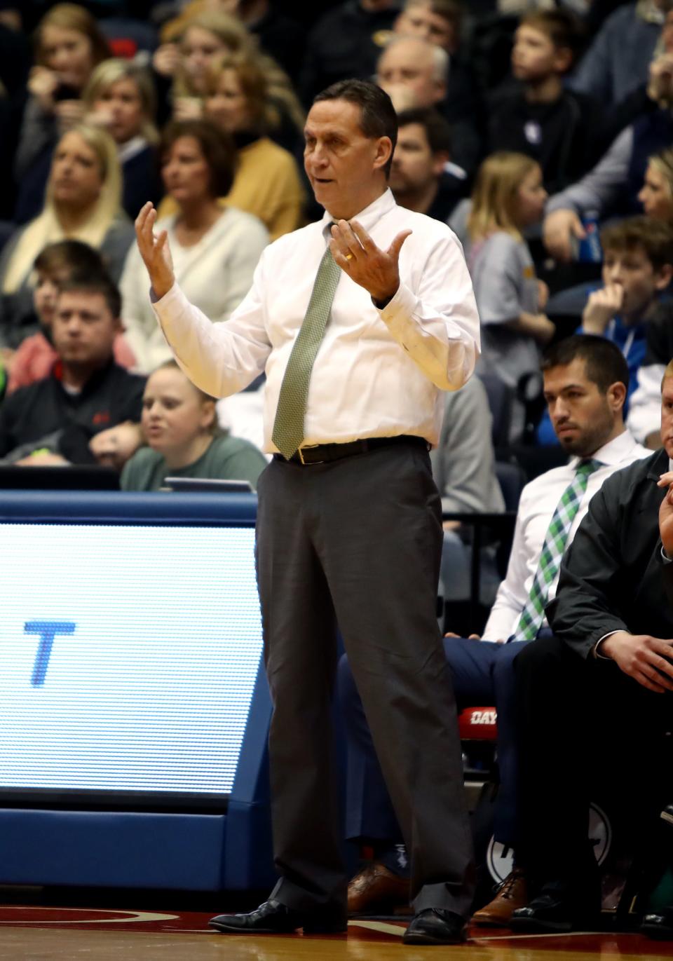 Mason head coach Greg Richards reacts to an official's call against the Comets. Centerville defeated Mason 49-43 in a Division I district final at UD Arena. He led Mason to a district championship in 2017. On July 15, 2022 he retired after 399 head coaching wins.