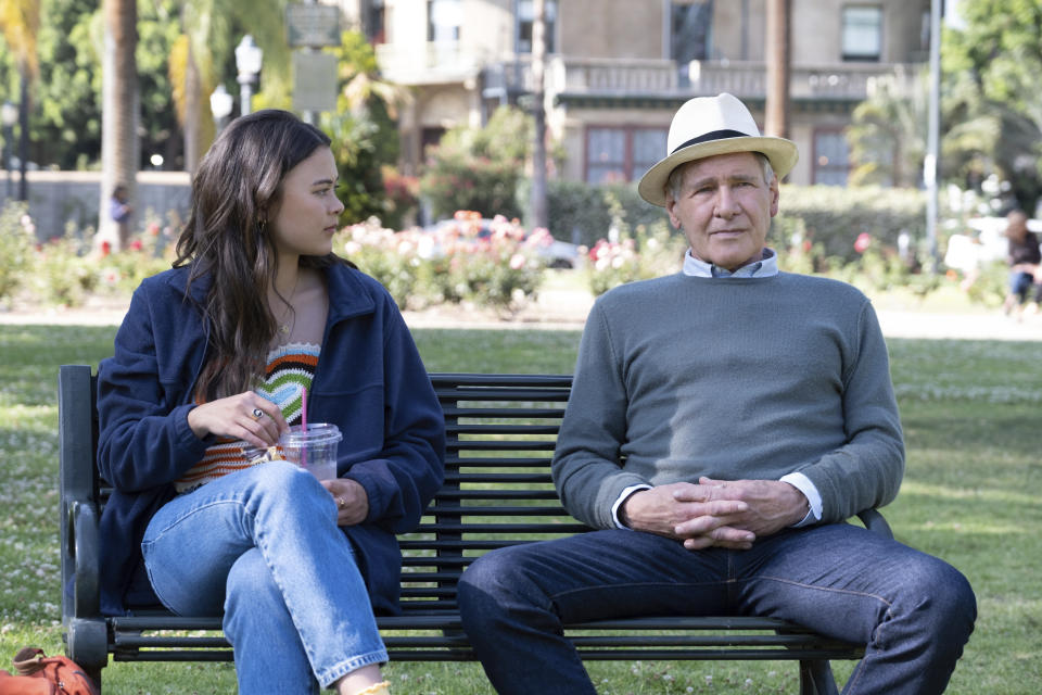 This image released by Apple TV+ shows Lukita Maxwell, left, and Harrison Ford in a scene from "Shrinking." (Apple TV+ via AP)