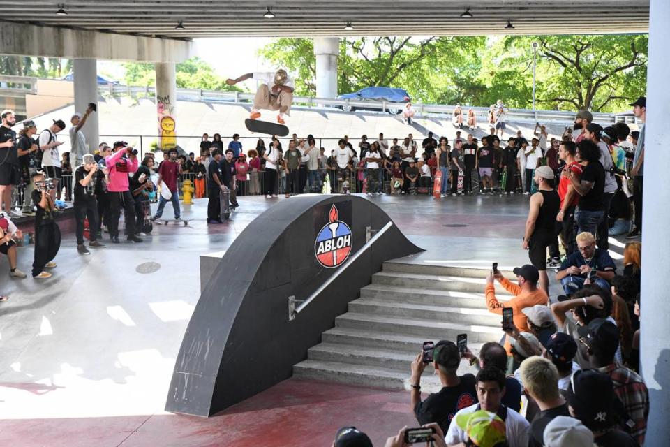 A skateboard flies at the first annual Abloh Invitational in 2022. The event was created to honor the late Virgil Abloh’s love of skateboarding. 