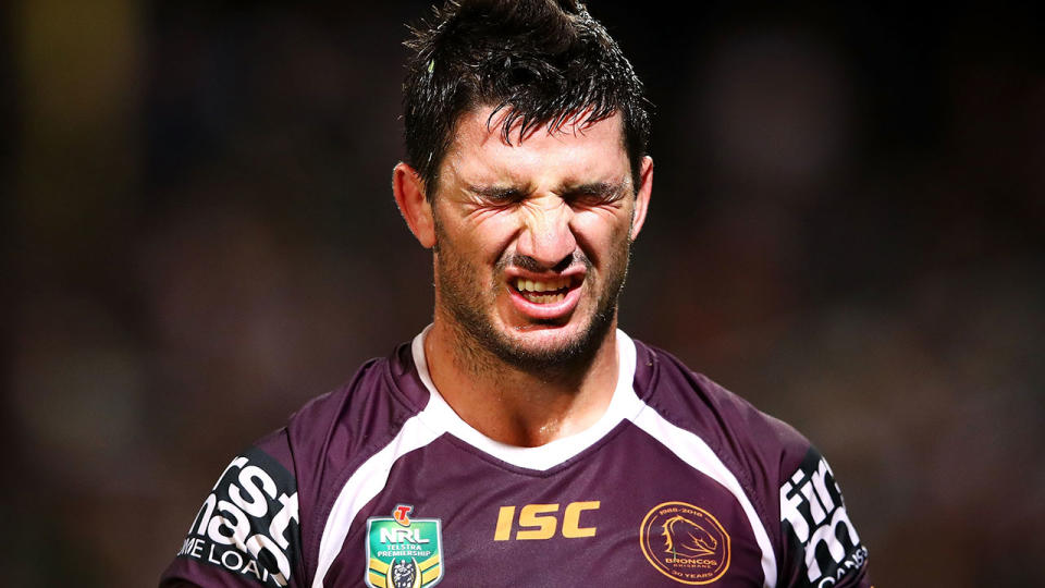 Matt Gillett of the Broncos grimaces as he leaves the field during the round one NRL match between the St George Illawarra Dragons and the Brisbane Broncos at UOW Jubilee Oval on March 8, 2018 in Sydney, Australia. (Photo by Mark Kolbe/Getty Images)