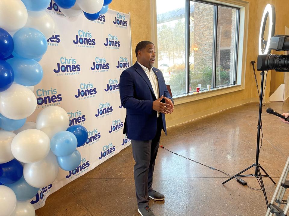 Democratic gubernatorial candidate Chris Jones speaks to reporters after kicking off his campaign in Maumelle, Ark. on Saturday, February 5, 2022. (AP Photo/Andrew DeMillo)