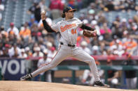 Baltimore Orioles startng pitcher Dean Kremer throws during the first inning of a baseball game against the Los Angeles Angels in Anaheim, Calif., Wednesday, April 24, 2024. (AP Photo/Ashley Landis)