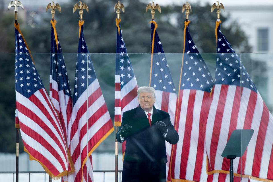 Then-President Donald Trump, standing in front of a row of American flags, speaks to supporters from the Ellipse near the White House on January 6.