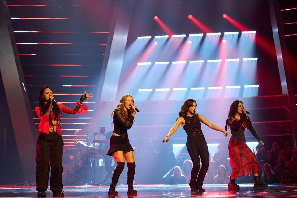 the voice uk 2023, deja vu audition, the four women stand in a row and sing on a stage