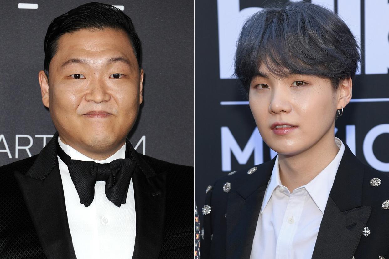 PSY attends the 2016 LACMA Art + Film gala at LACMA on October 29, 2016 in Los Angeles, California. Suga of BTS attends the 2019 Billboard Music Awards at MGM Grand Garden Arena on May 1, 2019 in Las Vegas, Nevada.