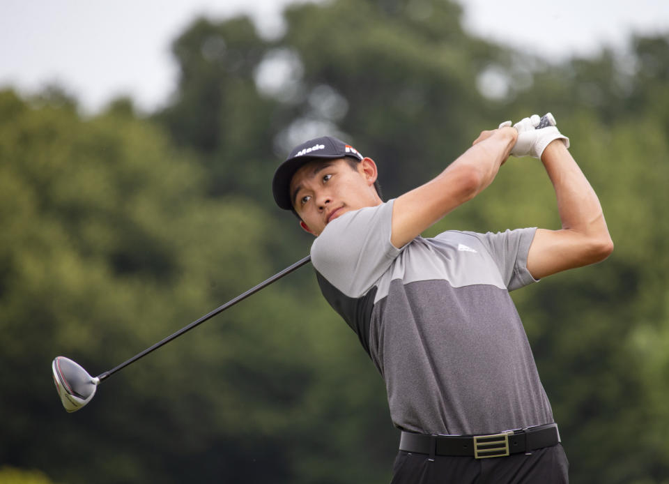 Collin Morikawa tees off on the first hole during the final round of the 3M Open golf tournament Sunday, July 7, 2019, in Blaine, Minn. (AP Photo/Andy Clayton- King)