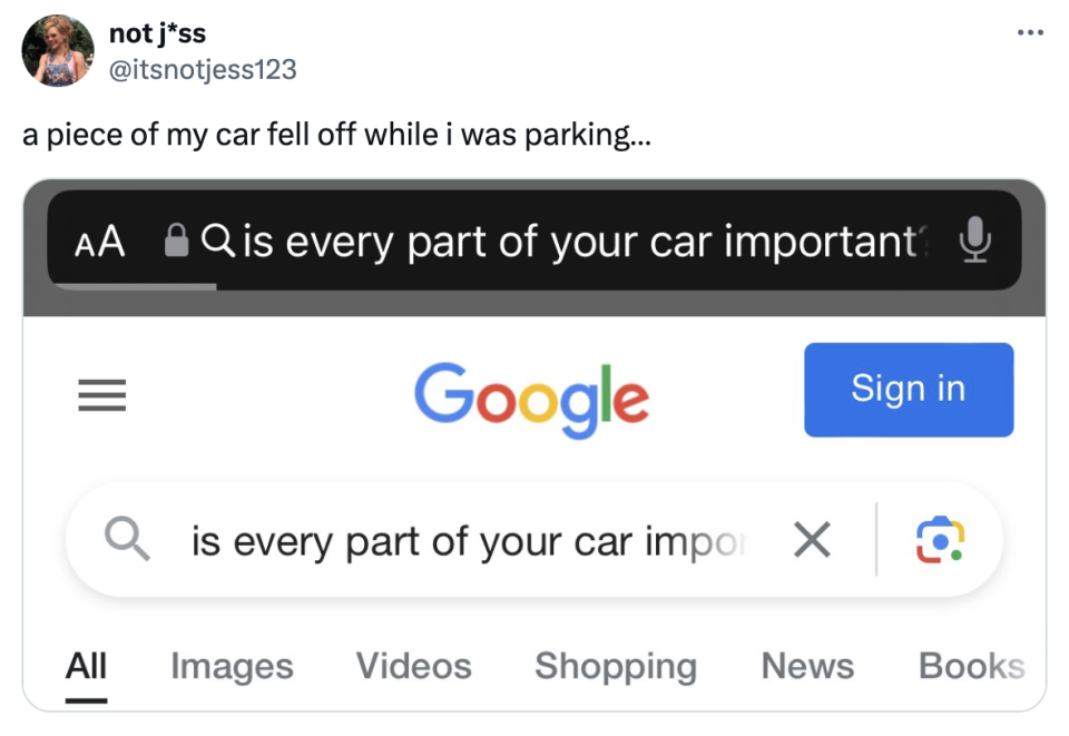 Screenshot of a Google search query "is every part of your car important" posted by a user noting a piece fell off their car