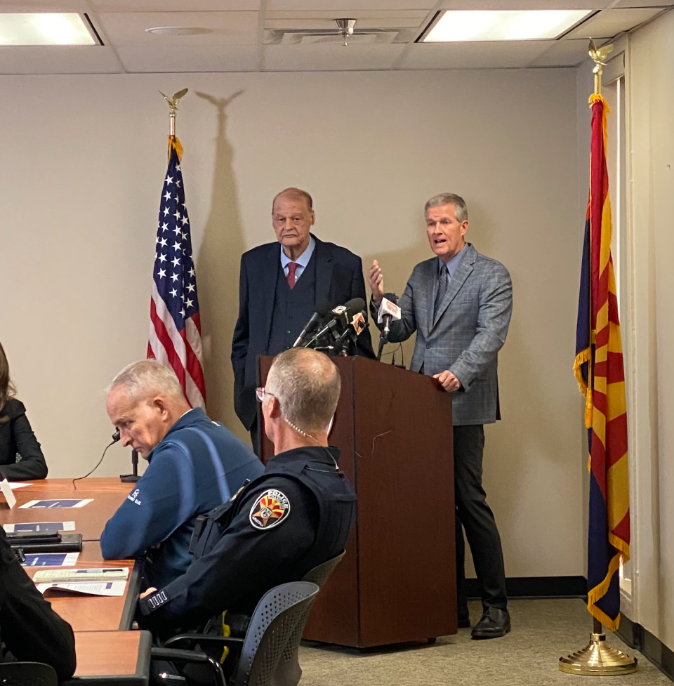 Arizona Department of Education Director of School Safety Michael Kurtenbach and Superintendent of Public Instruction Tom Horne share recommendations on how state legislature can improve safety during the School Safety Task Force's final meeting on Thursday.