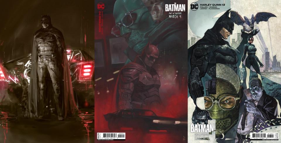 Three variant covers for DC Comics issues with art inspired by The Batman starring Robert Pattinson