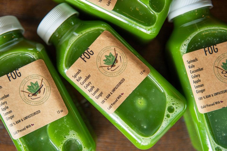 The cold-pressed FOG juice at Field of Greens includes spinach, kale, cucumber, apple, celery, lemon and ginger.