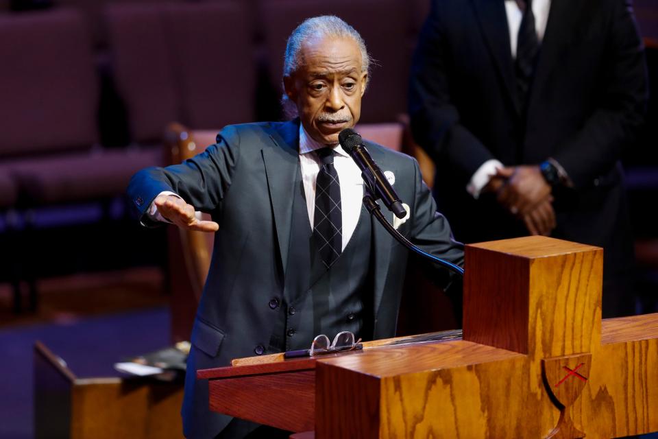 The Rev. Al Sharpton mimics the slide of James Brown with his hand as he says he hopes Ramon McGhee is dancing with James Brown in heaven while delivering the eulogy for McGhee, the man who died in Shelby County Jail custody covered in bed bugs and feces, during his memorial service at Mississippi Boulevard Christian Church in Memphis, Tenn., on Tuesday, March 5, 2024.