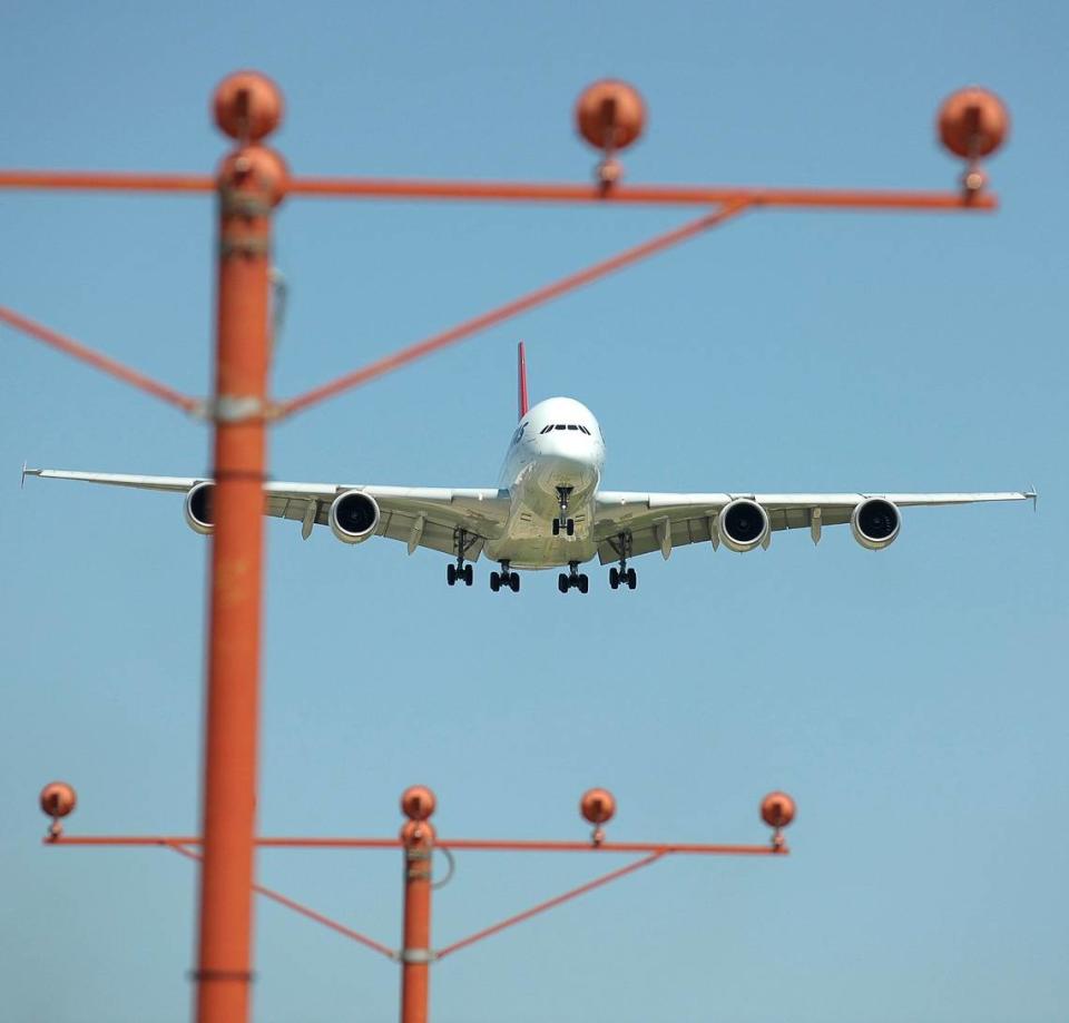 A Qantas Airbus A380 landing at DFW International Airport in 2016.