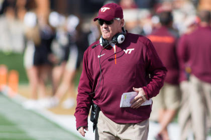 Nov 22, 2014; Winston-Salem, NC, USA; Virginia Tech Hokies head coach Frank Beamer looks on during the second quarter against the Wake Forest Demon Deacons at BB&T Field. (Jeremy Brevard-USA TODAY Sports)