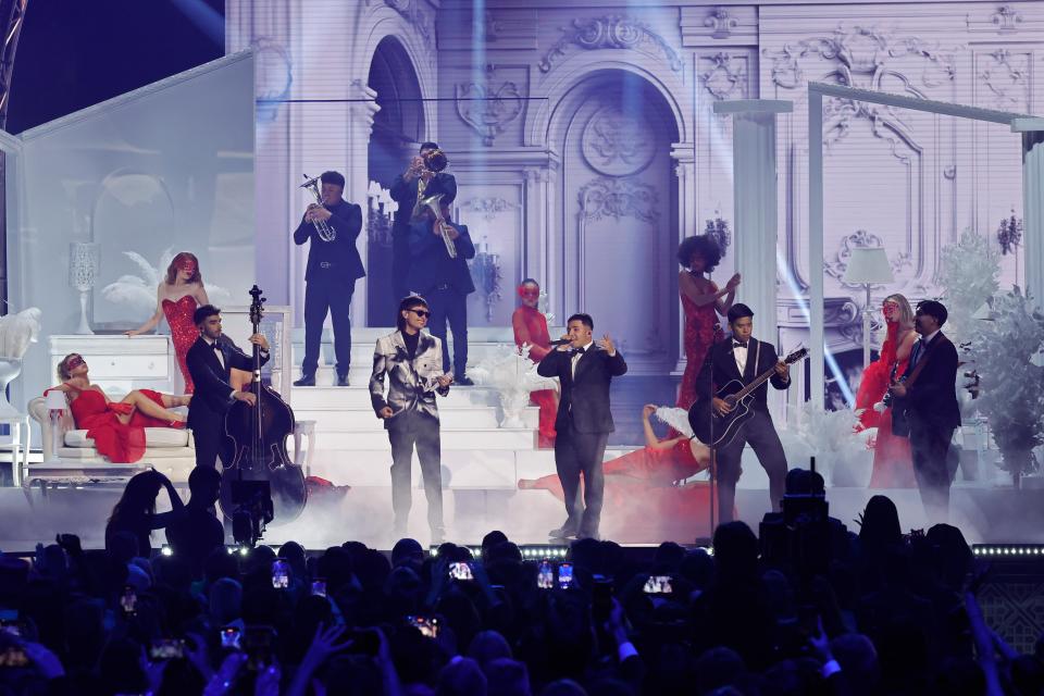 Peso Pluma and Pedro Tovar of Eslabon Armado perform onstage during the 24th Annual Latin Grammy Awards on Nov. 16, 2023 in Seville, Spain.