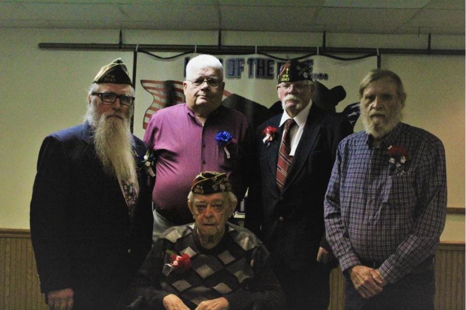 Five Past Commanders of VFW Post 9943 who were honored Sunday for their service are, from left, Bill Myers, Daniel Reed, John Kemplin, Billy Walker and Murray Konves.